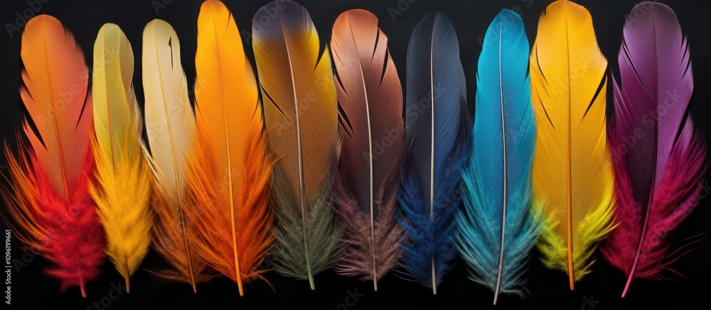 Poster colorful feathers arranged in a gradient pattern showcasing a rich variety of hues and textures on a