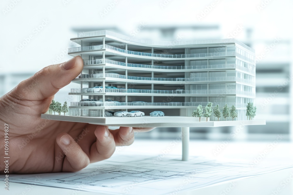 Aufkleber a hand holds a model of a modern multi-story building with cars and greenery.