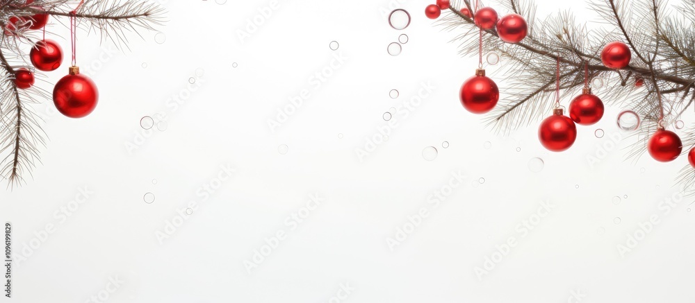 Poster spruce tree branches adorned with red christmas ornaments on a clean white background creating a fes