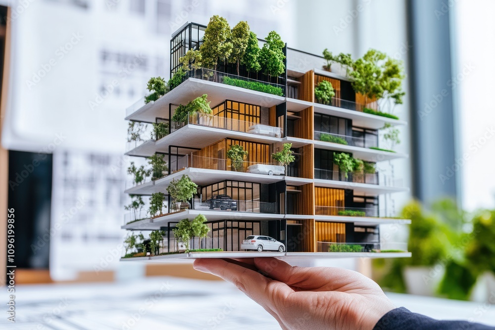 Poster a hand holds a detailed architectural model of a modern building with greenery.