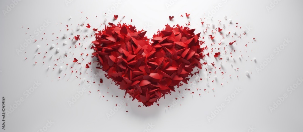 Poster red paper heart design on a white background symbolizing love and affection with scattered heart sha