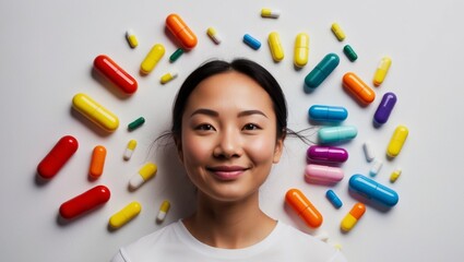 Person smiling amidst a colorful arrangement of pills and capsules in a creative display.