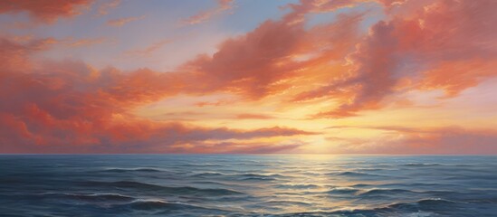 Obraz premium Serene sunset over calm sea with vibrant sky colors creating a peaceful holiday atmosphere ideal for relaxation and tranquility themes