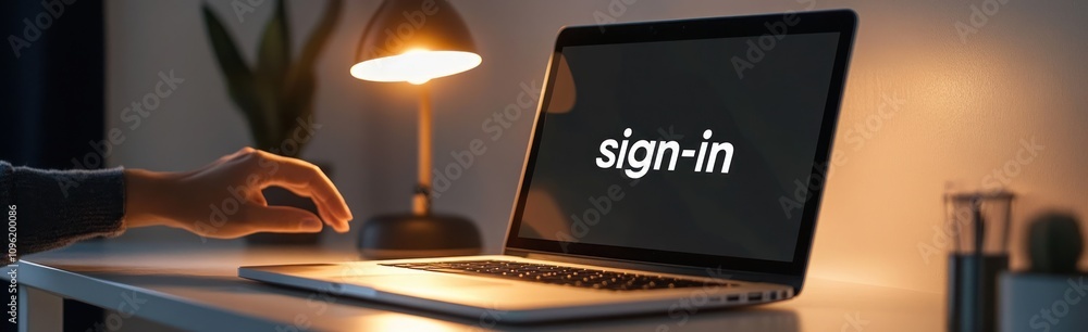 Poster a hand reaching towards a laptop screen displaying a sign-in prompt in a cozy setting.