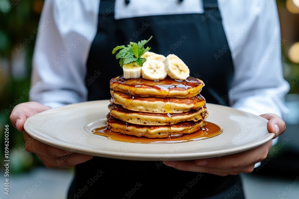 Poster a stack of pancakes topped with banana slices and syrup, served on a plate.