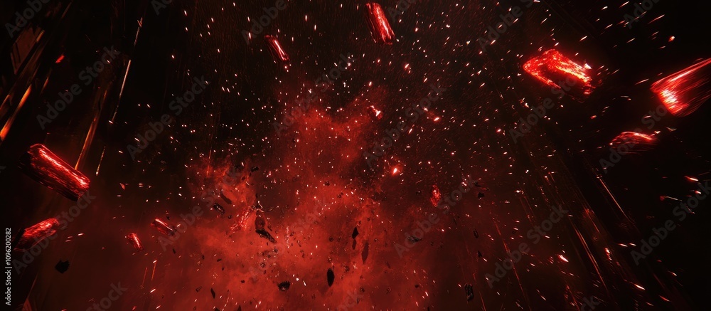 Poster dynamic display of vibrant red fireworks illuminating a dark night sky creating a festive atmosphere