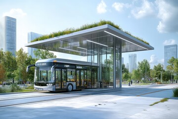 Obraz premium Modern electric bus charging at green roof bus stop in smart city