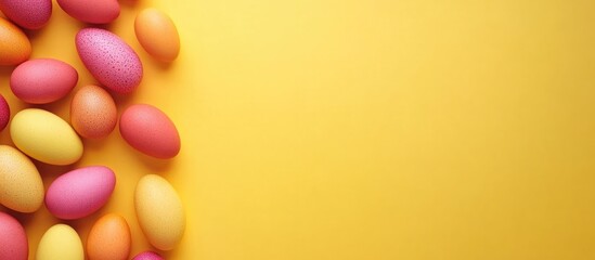 Obraz premium Easter colored eggs beautifully arranged on a bright yellow background with ample space for your personalized message or text