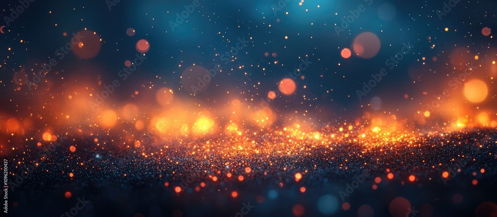 Poster bokeh lights abstract background with shimmering particles in blue and orange tones creating a magic