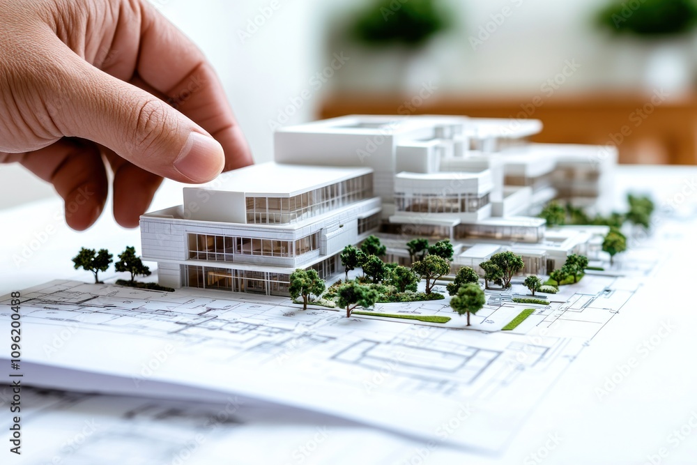 Poster a hand adjusting a miniature architectural model on a blueprint, showcasing design elements.