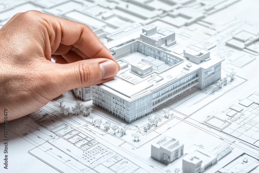Aufkleber a hand adjusts a model building on a detailed architectural plan.