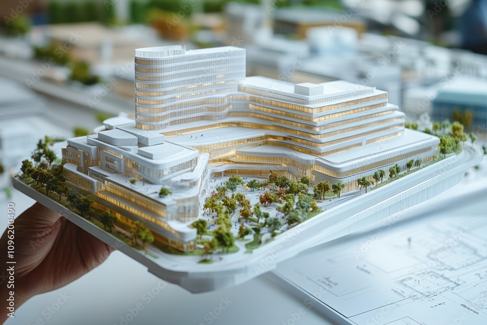 Poster A detailed architectural model of a modern building complex with greenery and pathways.