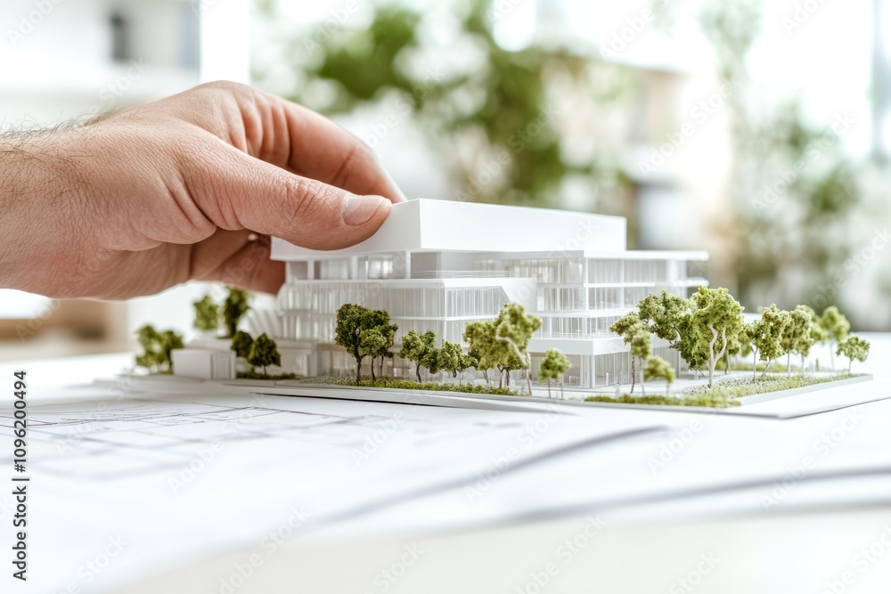Poster a hand adjusts a white architectural model surrounded by greenery and blueprints.