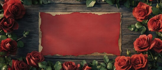 Red roses surround a blank red paper on aged wooden boards, creating an elegant floral frame for text or announcements.