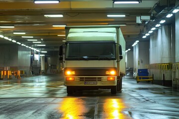 White Delivery Truck in Industrial Warehouse Setting at Night with Reflections and Bright Fluorescent Lights on Wet Floor