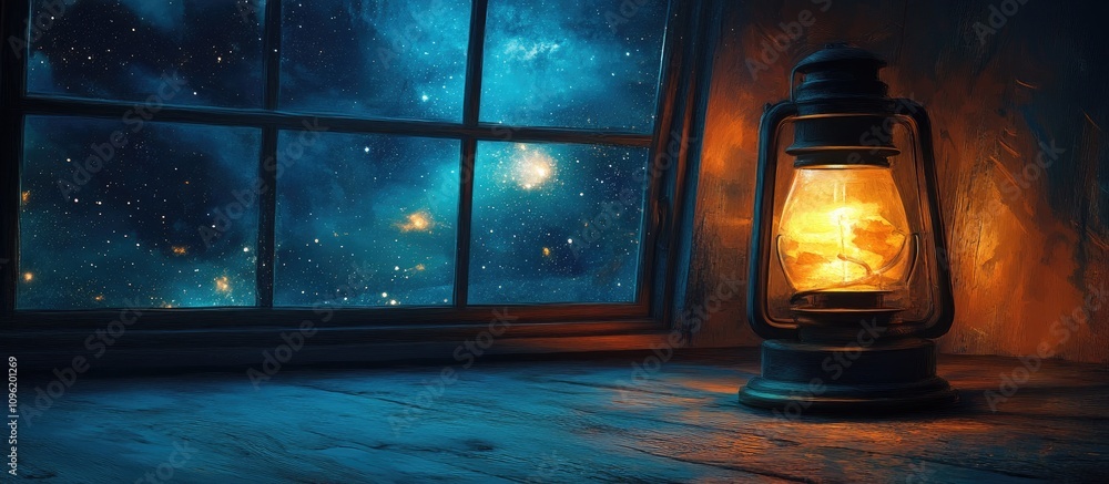 Poster illuminated lantern in a dark room with a starry night sky visible through the window creating a ser