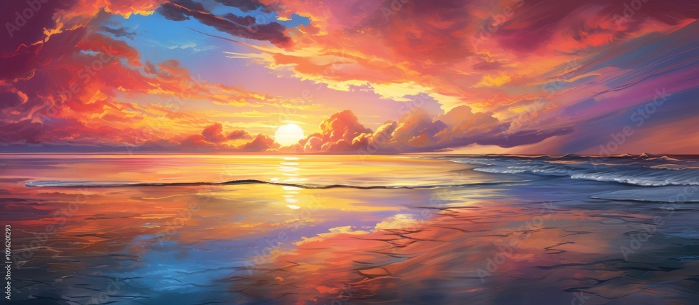 Poster vibrant sunset over the tranquil ocean with colorful reflections creating a serene atmosphere and pi