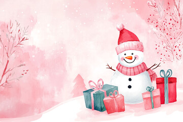 Snowman surrounded by colorful gifts in a winter wonderland setting with pink backdrop