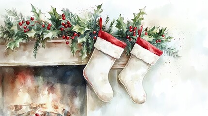 Two watercolor Christmas stockings hanging by a fireplace, decorated with holly and berries, soft pastel colors, white background