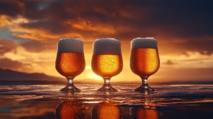Three frothy glasses of beer illuminated by a stunning twilight backdrop with vibrant orange and purple hues reflecting on a calm surface.