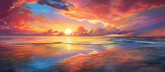 Obraz premium Vibrant sunset over the tranquil ocean with colorful reflections creating a serene atmosphere and picturesque seascape scene