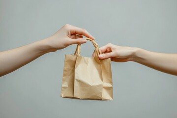 Two hands exchanging a small brown paper bag on a gray background