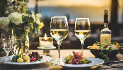 Luxurious Fine Dining Scene with Wine Glass and Gourmet Appetizers on Bar Table in Elegant Restaurant Setting, Captured Under Soft, Ambient Light for a Sophisticated Atmosphere