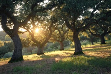 Majestic holm oak trees at sunset creating a magical atmosphere in the countryside