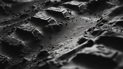 Close-up of distinctive tyre tracks etched into coarse sandy ground, highlighting intricate patterns and textures in the terrain.