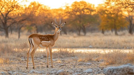 Obraz premium Graceful impala standing majestically in a savanna at sunset, highlighting the tranquil beauty of wildlife among golden scenery.