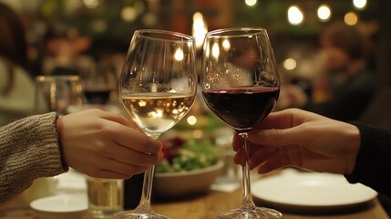 Obraz premium Two hands clinking wine glasses at a festive dinner party.