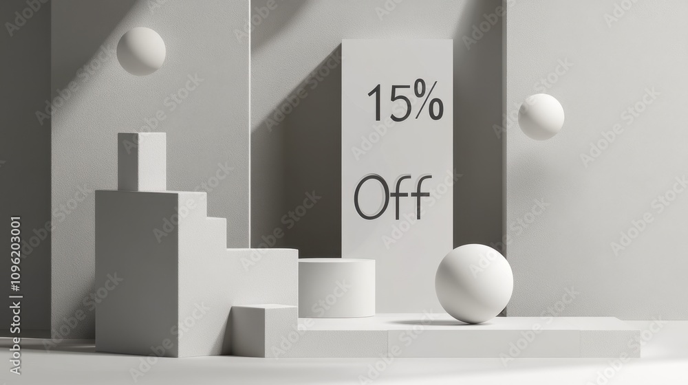 Poster minimalist display featuring geometric shapes and floating spheres with text highlighting 15 percent