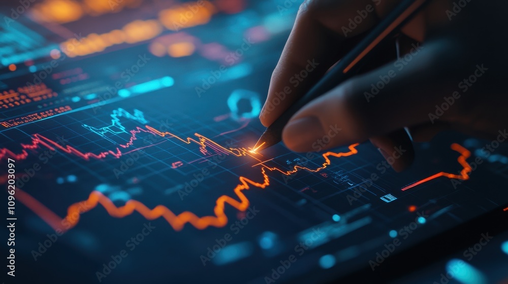 Poster hand using stylus on digital tablet displaying colorful stock market graphs and financial data visua