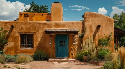 Adobe House with Teal Door and Desert Landscaping.