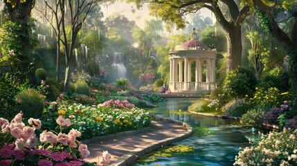Romantic Garden Paradise with Grecian Pavilion and Waterfall.