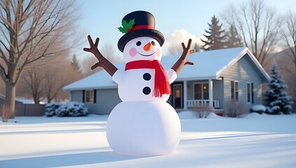 Obraz premium Festive Snowman in Front Yard with Glistening Textures