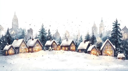 Watercolor Christmas village scene with small houses covered in snow, lit windows and pine trees, soft and cozy