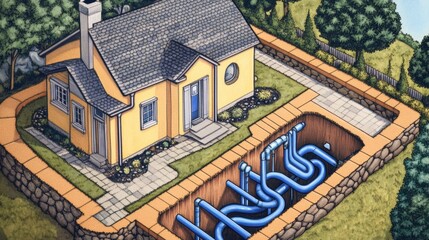 Obraz premium A Whimsical View of a House with Colorful Pipes Underground Illustrating a Unique Architectural Dream in an Artistic Landscape Setting with Nature Surrounding