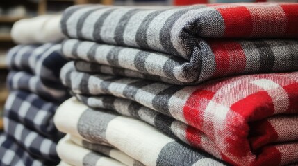 Checkered blankets in red, white, and grey patterns neatly stacked, showcasing a cozy and stylish textile arrangement.
