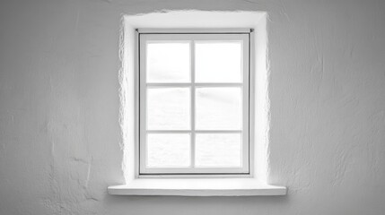 White window with a grid pattern placed in a minimalist setting, featuring a smooth white wall and simple ledge for a serene aesthetic.