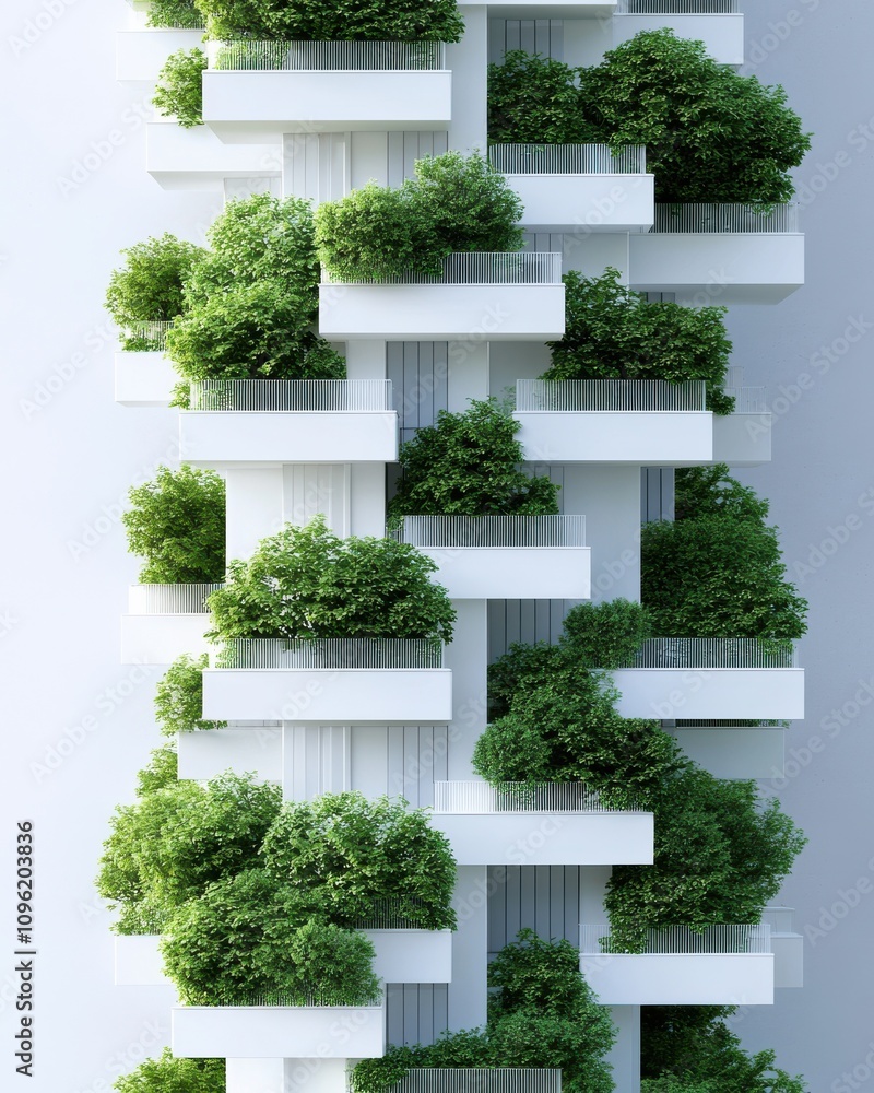Poster a modern architectural design featuring a vertical garden with lush greenery integrated into white s