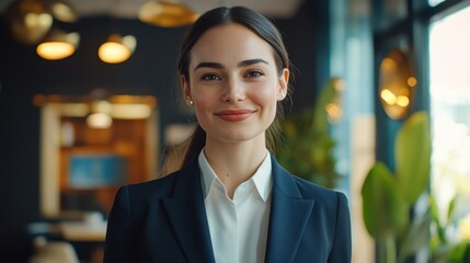 Confident Business Woman in Modern Office Environment Looking at Camera with Professional Attire and Warm Smile in Brightly Lit Workspace