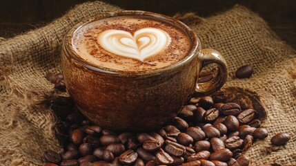 Heart-shaped latte art in a cozy coffee cup atop cocoa beans, surrounded by rustic burlap, creating a warm, romantic atmosphere. Perfect for special moments.