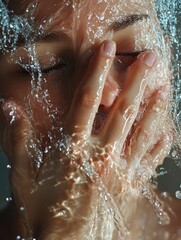 Fototapeta premium Woman washing her face, water running over hands and face, bright reflections, contemporary bathroom