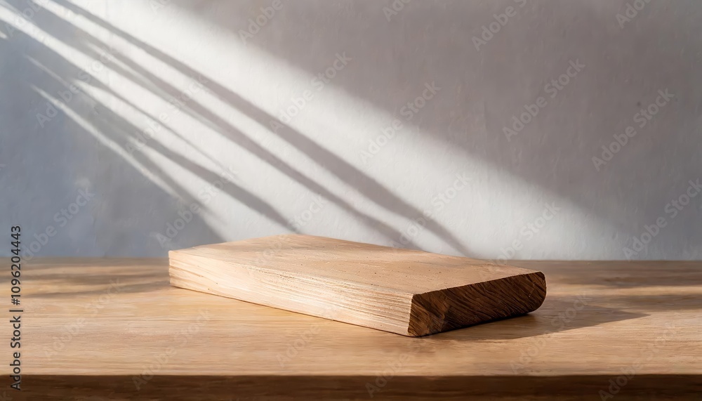 Aufkleber natural wooden table counter in minimal sunlit setting with green background and soft shadows | eleg