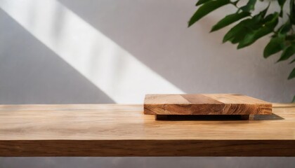 Elegant Minimal Wooden Table Counter Podium with Natural Sunlight and Green Shadows Highlighting the Beauty of Smooth Wooden Texture for a Serene and Organic Aesthetic