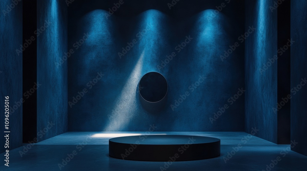 Poster elegant and minimalist dark studio space with circular opening and soft blue lighting ideal for prod