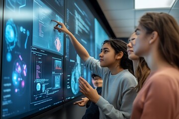 Young women collaborate on large interactive data screens
