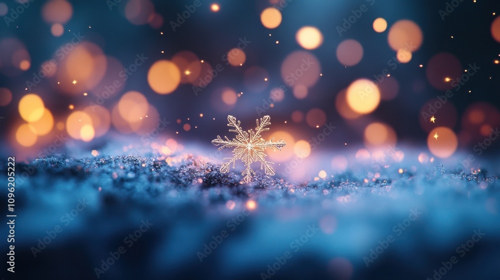 Poster delicate snowflake on soft snow surface with bokeh lights creating a magical winter wonderland atmos