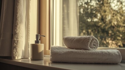 Soap dispenser next to neatly rolled spa towel on a sunlit bathroom windowsill with soft textures and natural greenery in the background